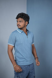 Men’s Korean Style Slim Fit Ribbed Zipper Polo T-Shirt – Sky Blue / Double Line