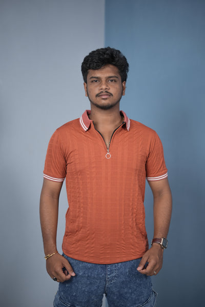 Men’s Korean Style Slim Fit Ribbed Zipper Polo T-Shirt – Orange / Double Line