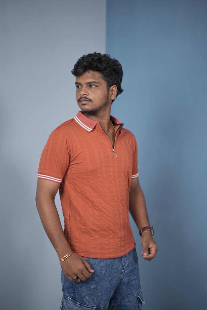 Men’s Korean Style Slim Fit Ribbed Zipper Polo T-Shirt – Orange / Double Line