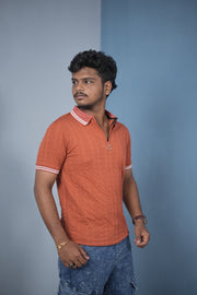 Men’s Korean Style Slim Fit Ribbed Zipper Polo T-Shirt – Orange / Double Line