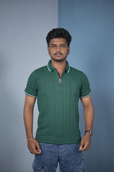 Men’s Korean Style Slim Fit Ribbed Zipper Polo T-Shirt – Bottle Green / Double Line