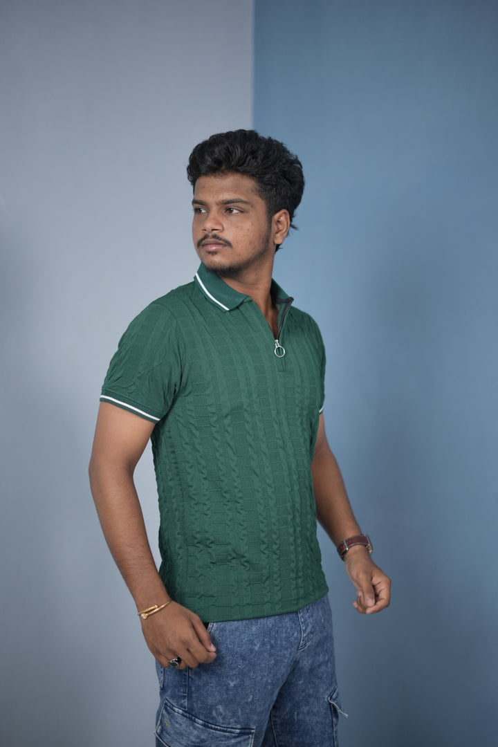 Men’s Korean Style Slim Fit Ribbed Zipper Polo T-Shirt – Bottle Green /SINGLELine