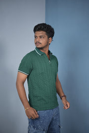 Men’s Korean Style Slim Fit Ribbed Zipper Polo T-Shirt – Bottle Green /SINGLELine