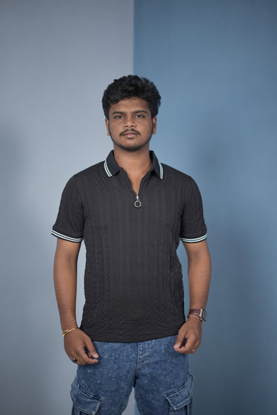 Men’s Korean Style Slim Fit Ribbed Zipper Polo T-Shirt – Black  / Double Line