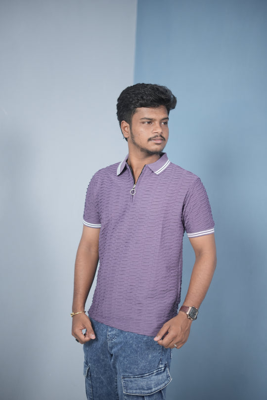 Men’s Zip Neck T-Shirt – Korean Style Ribbed Slim Fit Casual Wear - Purple WAVEING 2 – alternate view – 7MAN India