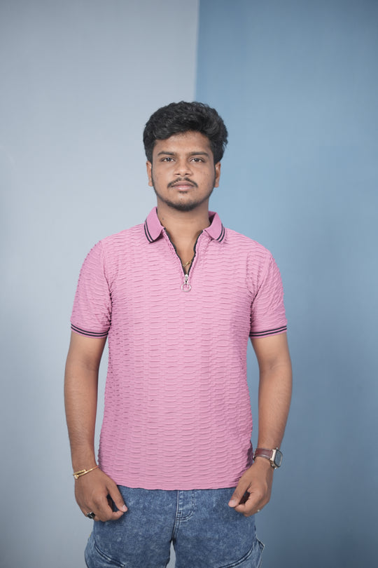 Men’s Zip Neck T-Shirt – Korean Style Ribbed Slim Fit Casual Wear - Pink WAVEING 2 – 7MAN Men's Fashion India