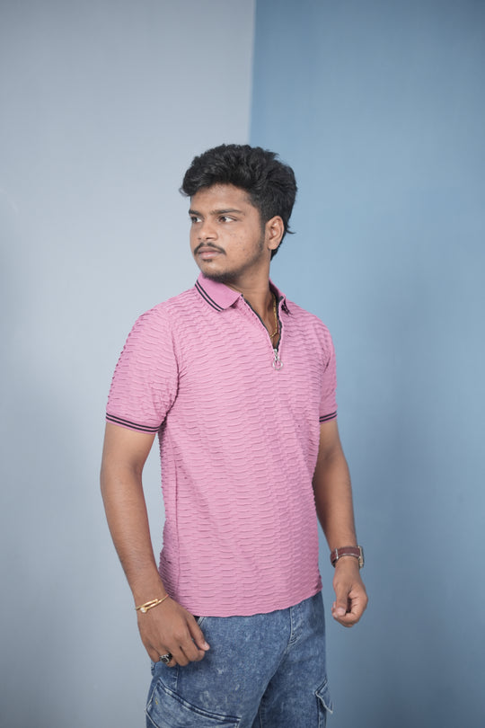 Men’s Zip Neck T-Shirt – Korean Style Ribbed Slim Fit Casual Wear - Pink WAVEING 2 – alternate view – 7MAN India