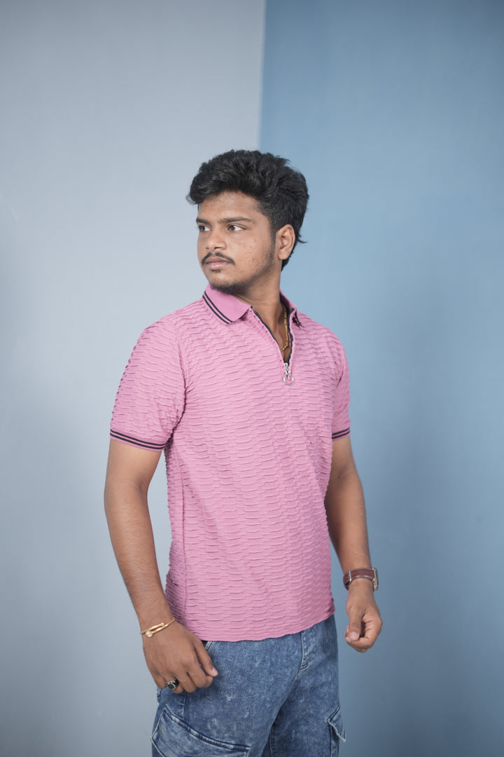 Men’s Zip Neck T-Shirt – Korean Style Ribbed Slim Fit Casual Wear - Pink WAVEING 2