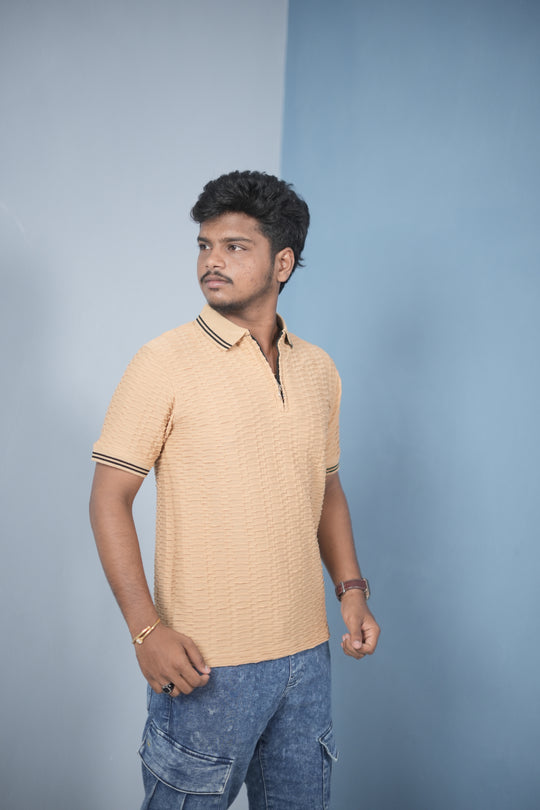 Men’s Zip Neck T-Shirt – Korean Style Ribbed Slim Fit Casual Wear - Mustard Yellow WAVEING 2 – alternate view – 7MAN India