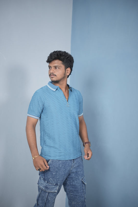 Men’s Zip Neck T-Shirt – Korean Style Ribbed Slim Fit Casual Wear - Sky Blue WAVEING 2 – alternate view – 7MAN India