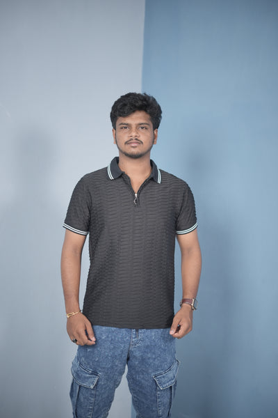 Men’s Zip Neck T-Shirt – Korean Style Ribbed Slim Fit Casual Wear - Black WAVEING