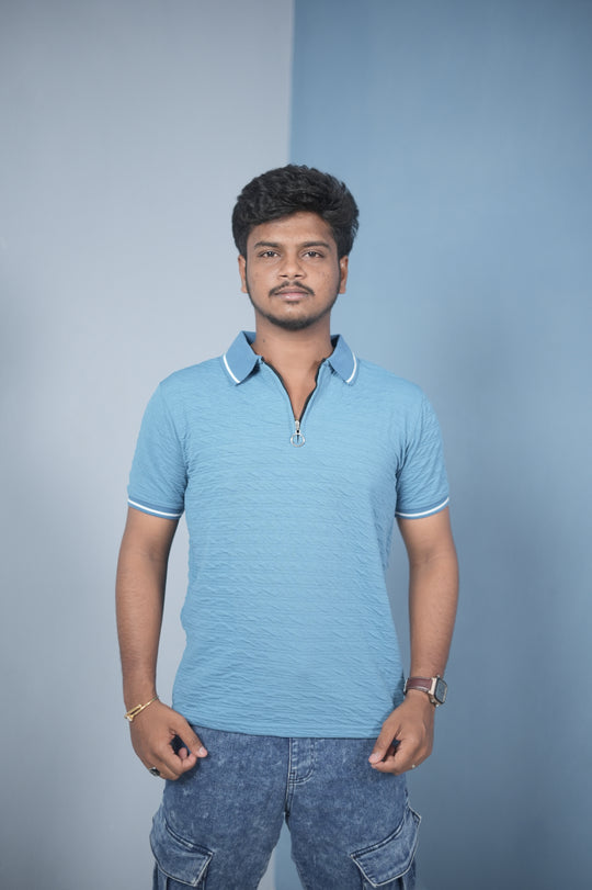 Trendy Vertical Line Zipper Neck Slim Fit Korean Style T-Shirt for Men – Sky Blue – 7MAN Men's Fashion India