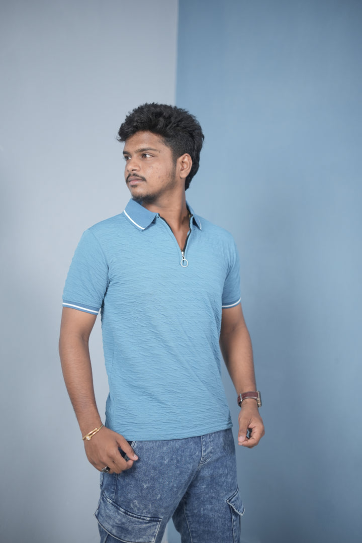 Trendy Vertical Line Zipper Neck Slim Fit Korean Style T-Shirt for Men – Sky Blue