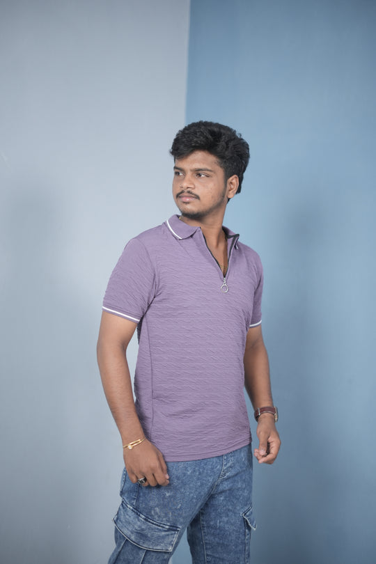 Trendy Vertical Line Zipper Neck Slim Fit Korean Style T-Shirt for Men – Purple – alternate view – 7MAN India