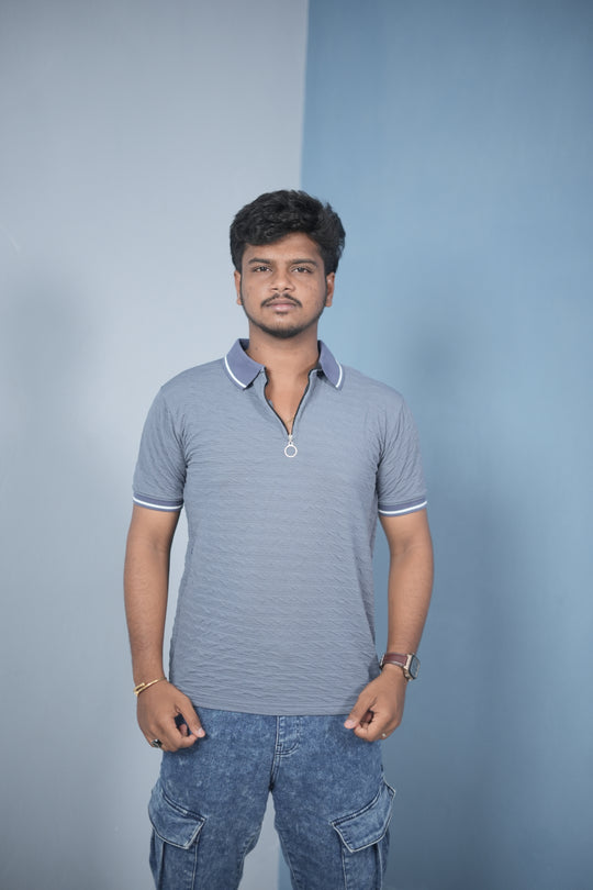Trendy Vertical Line Zipper Neck Slim Fit Korean Style T-Shirt for Men – Steel Blue – 7MAN Men's Fashion India