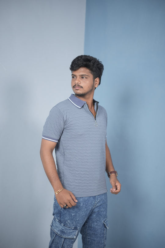 Trendy Vertical Line Zipper Neck Slim Fit Korean Style T-Shirt for Men – Steel Blue – alternate view – 7MAN India