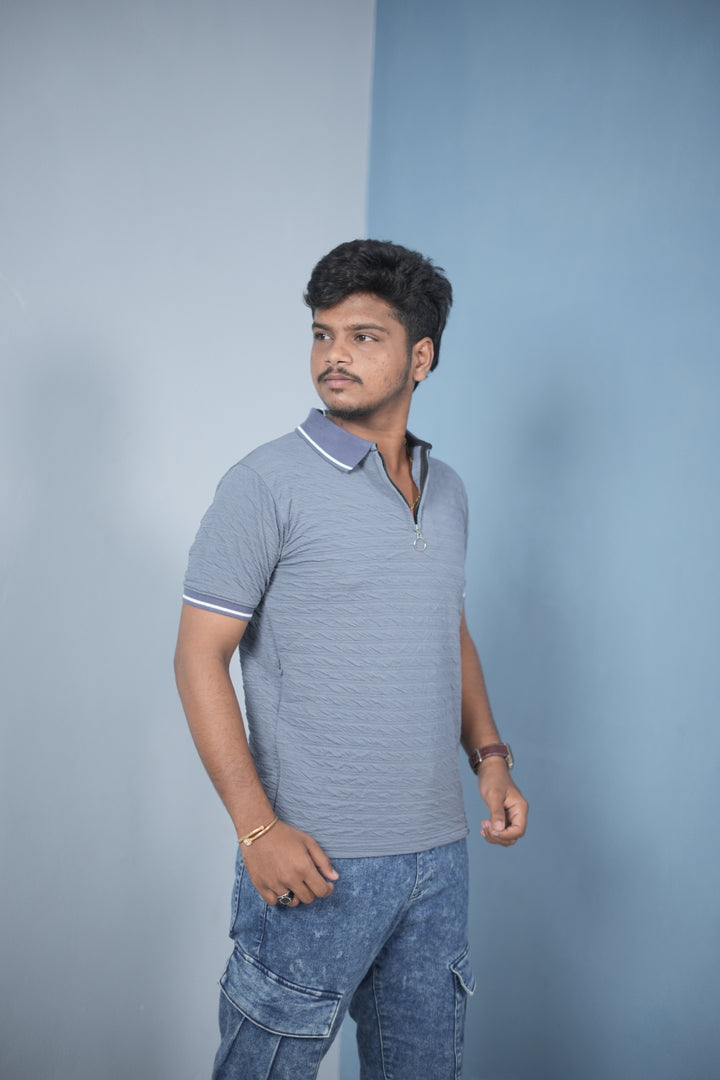 Trendy Vertical Line Zipper Neck Slim Fit Korean Style T-Shirt for Men – Steel Blue