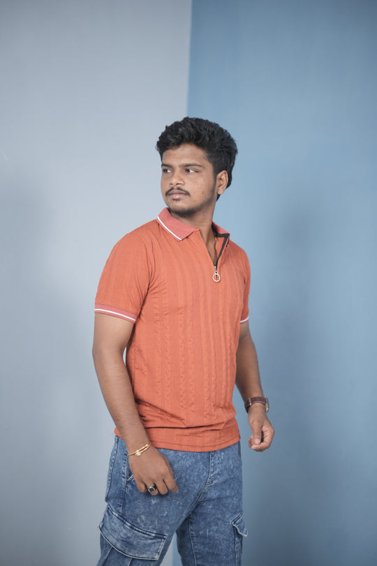 Men’s Korean Style Slim Fit Ribbed Zipper Polo T-Shirt – Orange / NECK SINGLE LINE – alternate view – 7MAN India