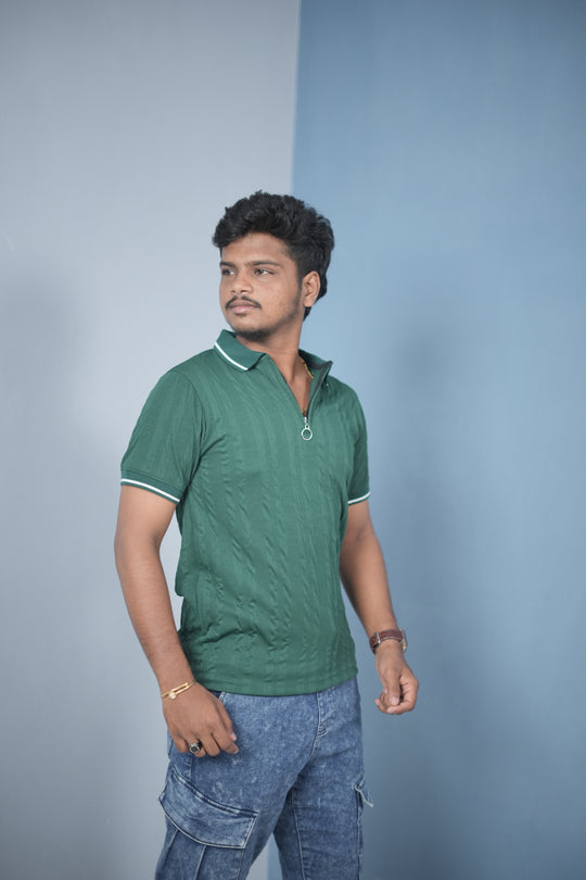 Men’s Korean Style Slim Fit Ribbed Zipper Polo T-Shirt – Bottle Green  / NECK SINGLE LINE – alternate view – 7MAN India