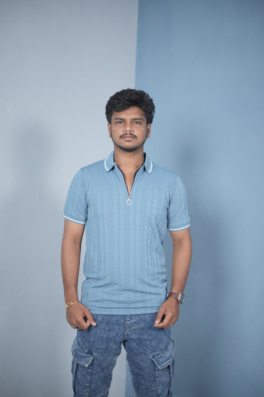 Men’s Korean Style Slim Fit Ribbed Zipper Polo T-Shirt – Sky Blue  / NECK SINGLE LINE – 7MAN Men's Fashion India