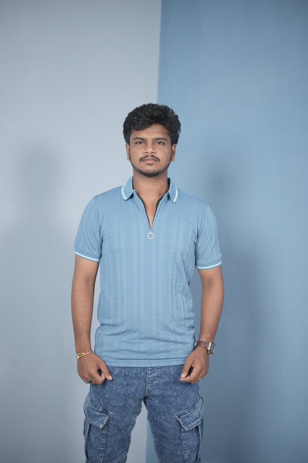 Men’s Korean Style Slim Fit Ribbed Zipper Polo T-Shirt – Sky Blue  / NECK SINGLE LINE