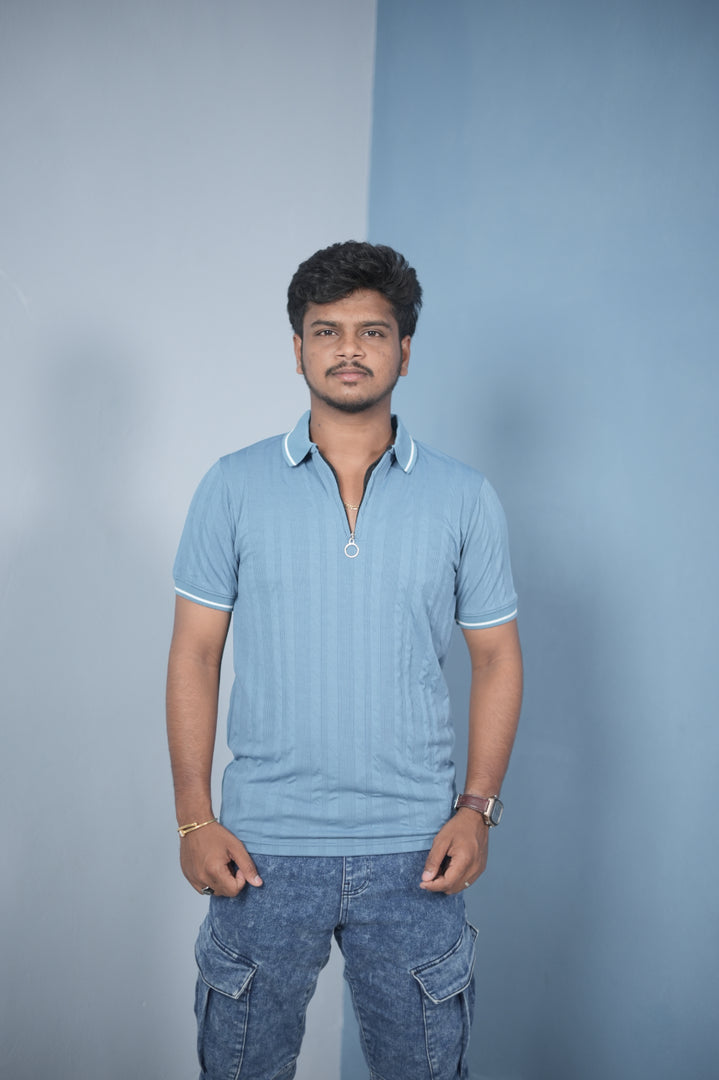 Men’s Korean Style Slim Fit Ribbed Zipper Polo T-Shirt – Sky Blue  / NECK SINGLE LINE