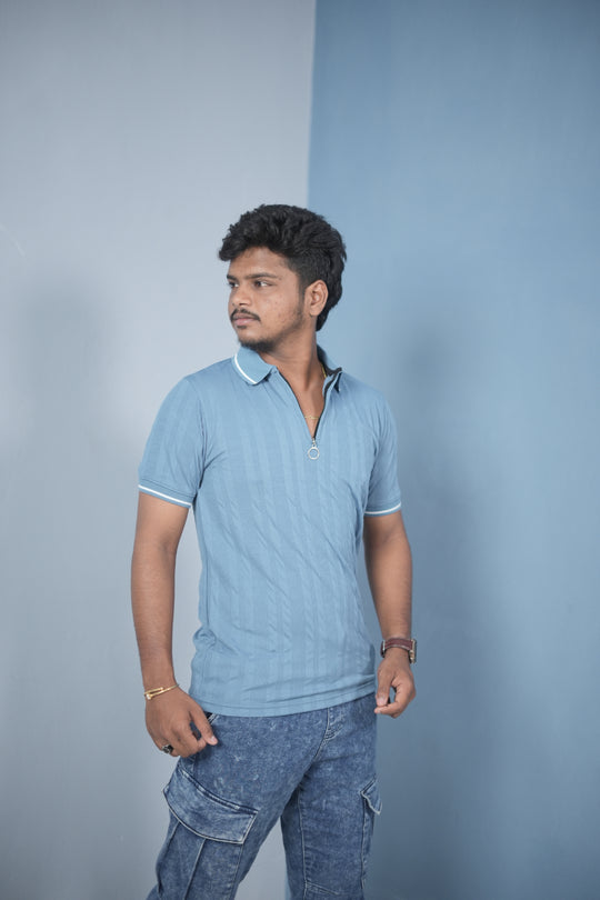 Men’s Korean Style Slim Fit Ribbed Zipper Polo T-Shirt – Sky Blue  / NECK SINGLE LINE – alternate view – 7MAN India