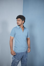 Men’s Korean Style Slim Fit Ribbed Zipper Polo T-Shirt – Sky Blue  / NECK SINGLE LINE