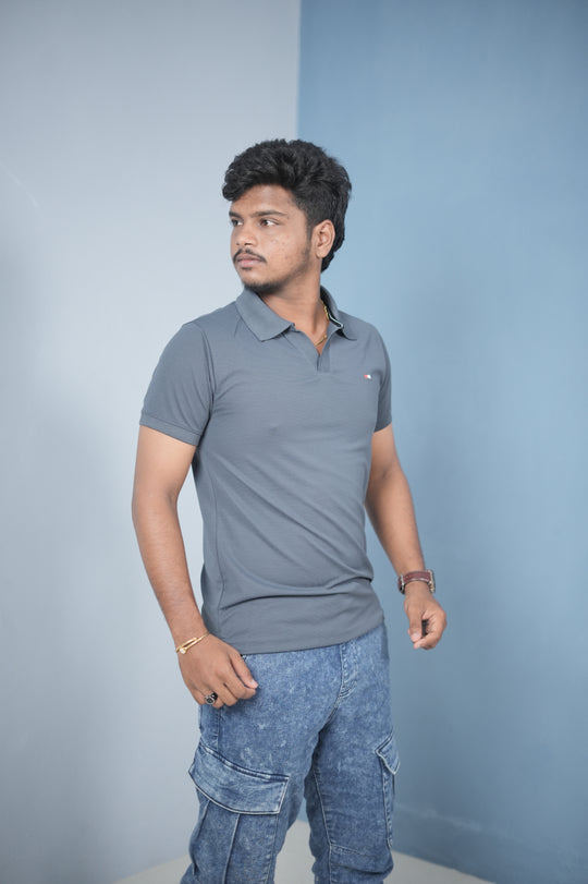 Men’s Solid Polo T-Shirt – Slim Fit Casual & Daily Wear | Grey – alternate view – 7MAN India