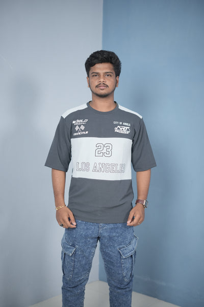 Buy Oversized Round Neck LOS ANGELS Printed T-Shirt for Men - Grey