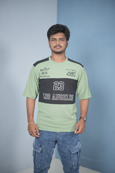 Buy Oversized Round Neck LOS ANGELS Printed T-Shirt for Men - Pista Green