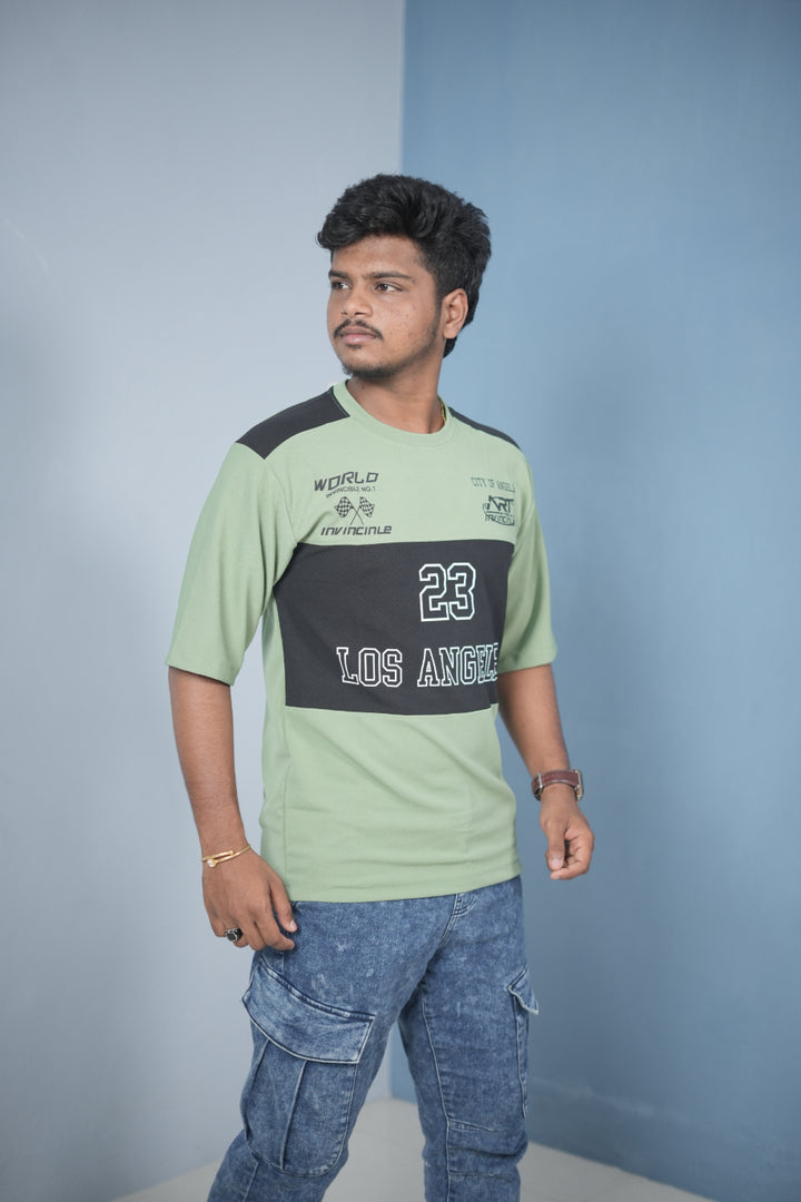 Buy Oversized Round Neck LOS ANGELS Printed T-Shirt for Men - Pista Green