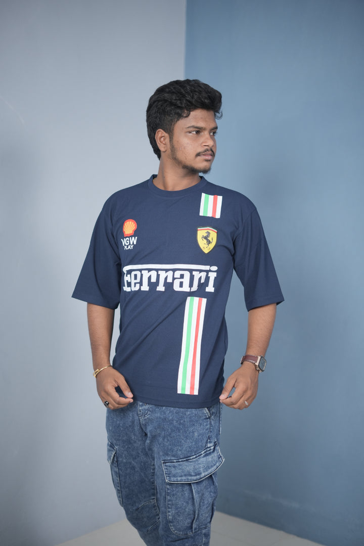 Buy Oversized Printed T-Shirt for Men – Ferrari Style Streetwear Tee - Navy Blue