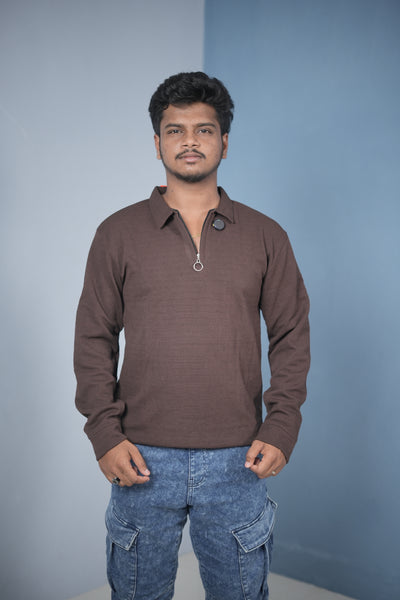 Men’s Long Sleeve Polo T-Shirt – Slim Fit Zipper Neck Casual Wear - Brown