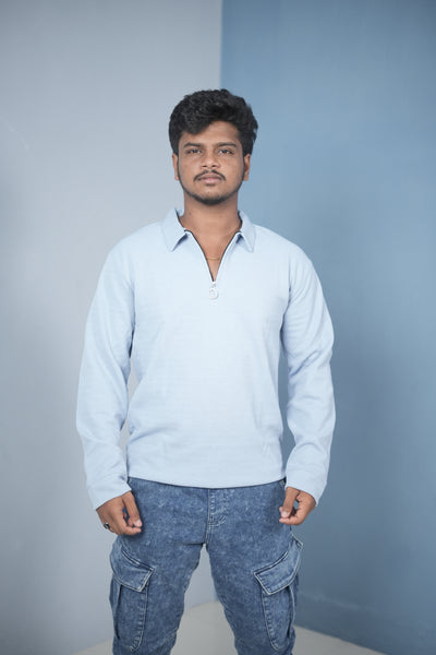 Men’s Long Sleeve Polo T-Shirt – Slim Fit Zipper Neck Casual Wear - Ice Blue
