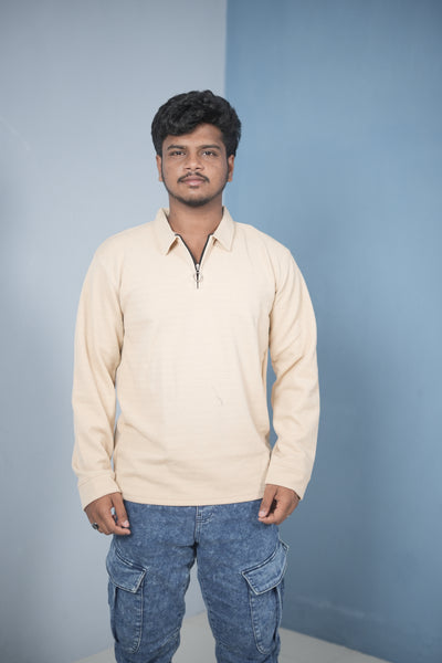 Men’s Long Sleeve Polo T-Shirt – Slim Fit Zipper Neck Casual Wear - Cream