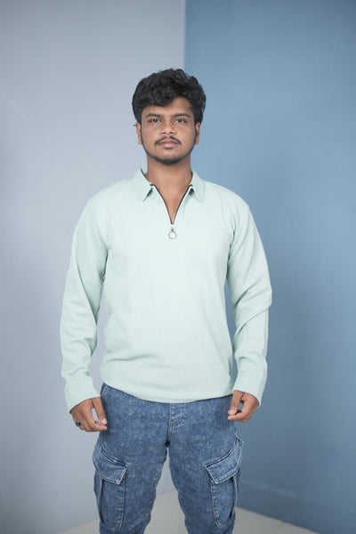 Men’s Long Sleeve Polo T-Shirt – Slim Fit Zipper Neck Casual Wear - Pastel Green