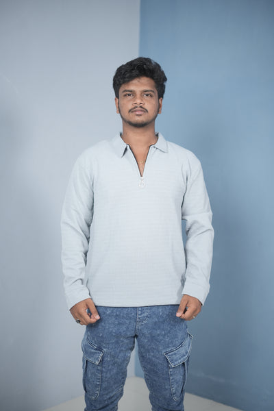 Men’s Long Sleeve Polo T-Shirt – Slim Fit Zipper Neck Casual Wear - Ash Grey