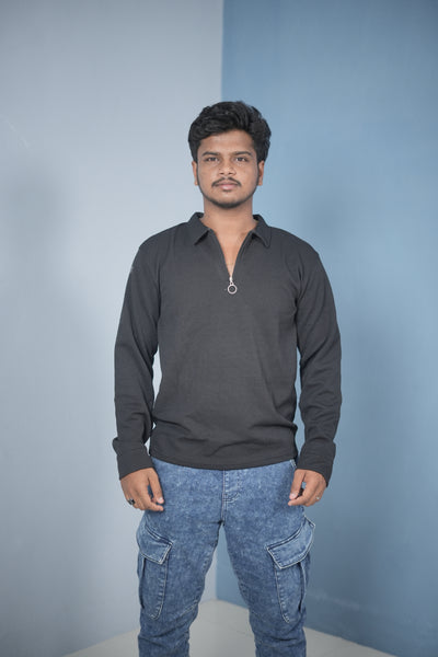 Men’s Long Sleeve Polo T-Shirt – Slim Fit Zipper Neck Casual Wear - Black