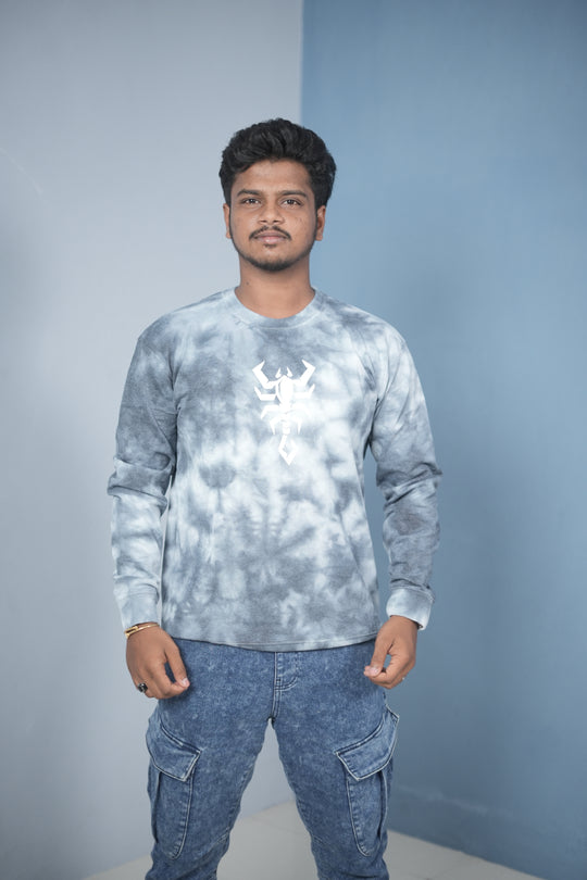 Men’s Full Sleeve Round Neck Tie-Die Scorpio Printed T-shirt - Ash with Grey