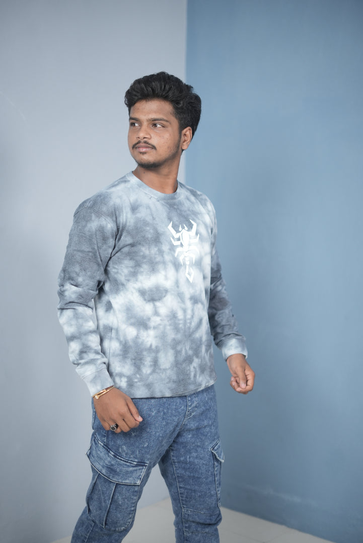 Men’s Full Sleeve Round Neck Tie-Die Scorpio Printed T-shirt - Ash with Grey