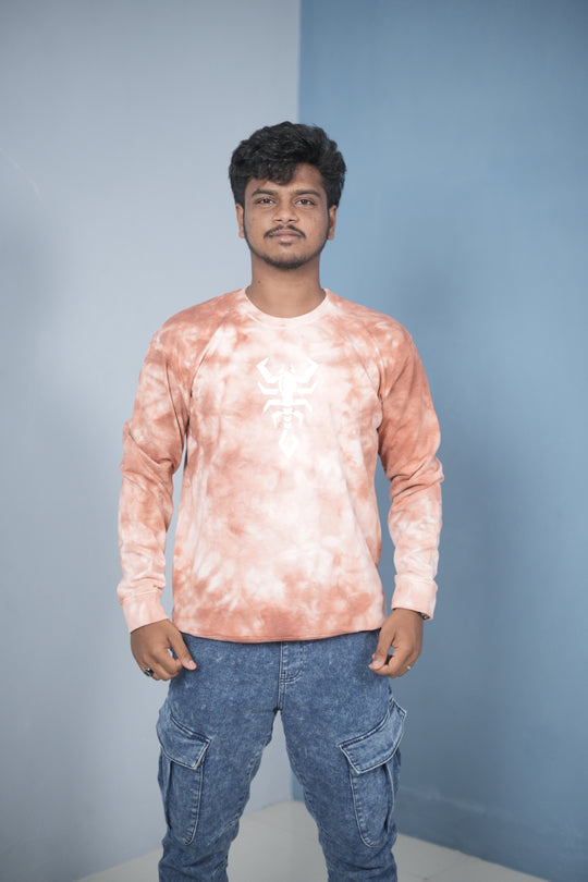 Men’s Full Sleeve Round Neck Tie-Die Scorpio Printed T-shirt - Peach