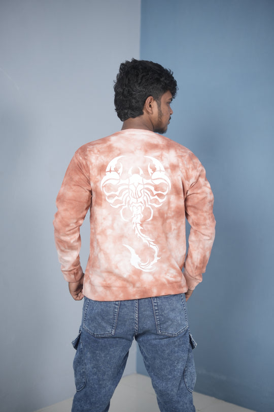 Men’s Full Sleeve Round Neck Tie-Die Scorpio Printed T-shirt - Peach