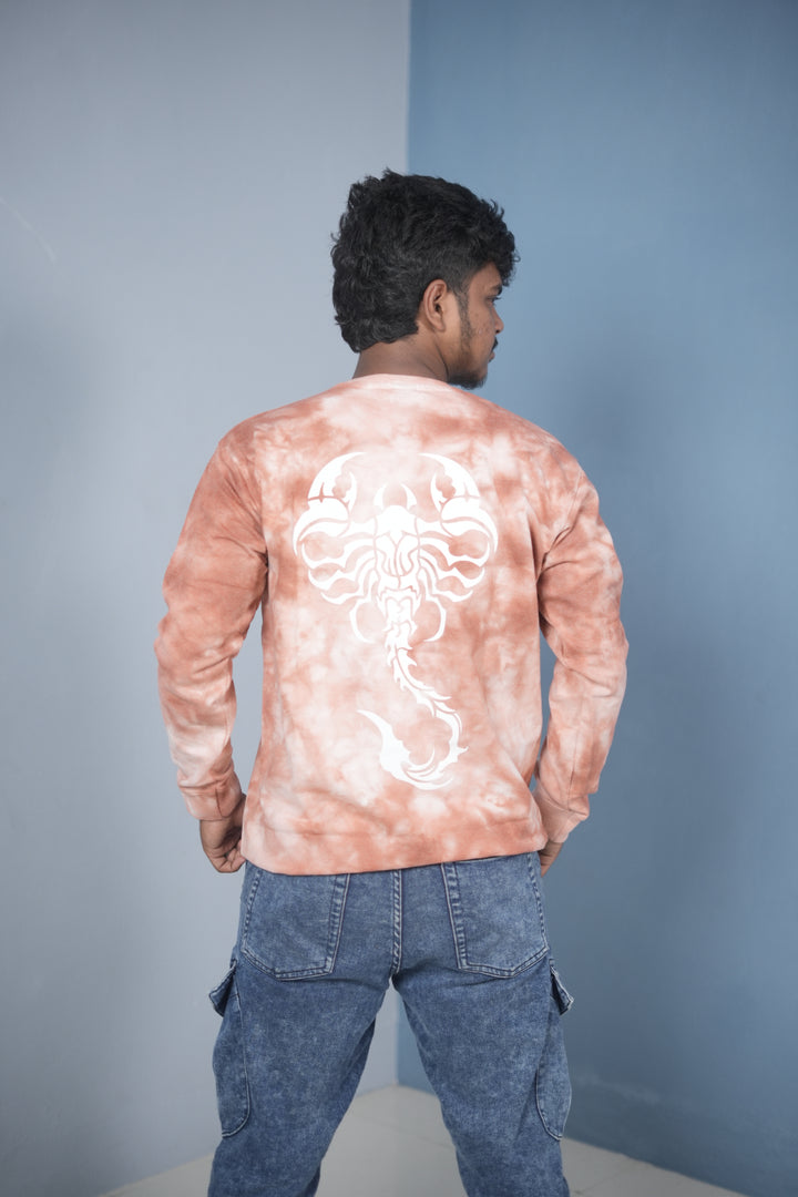 Men’s Full Sleeve Round Neck Tie-Die Scorpio Printed T-shirt - Peach