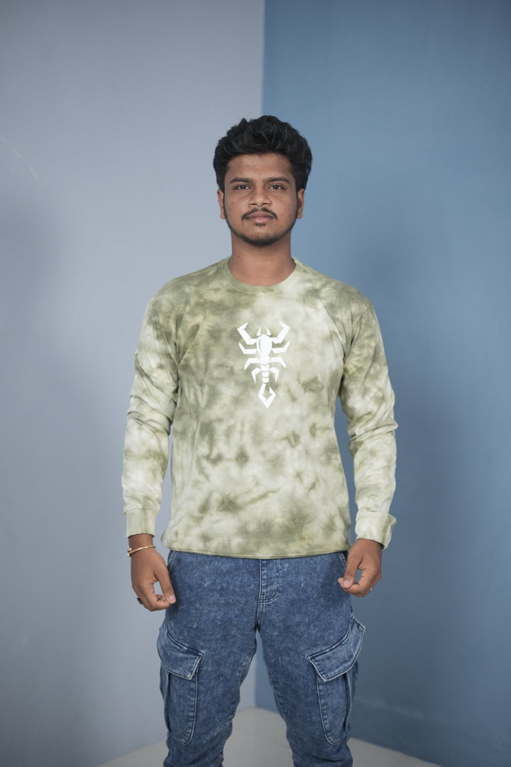 Men’s Full Sleeve Round Neck Tie-Die Scorpio Printed T-shirt - mehandhi Green