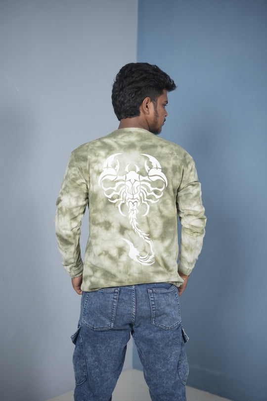 Men’s Full Sleeve Round Neck Tie-Die Scorpio Printed T-shirt - mehandhi Green