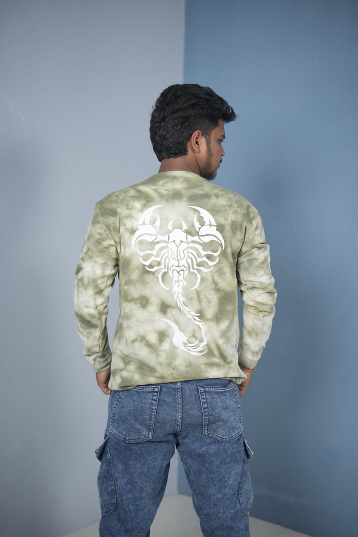 Men’s Full Sleeve Round Neck Tie-Die Scorpio Printed T-shirt - mehandhi Green