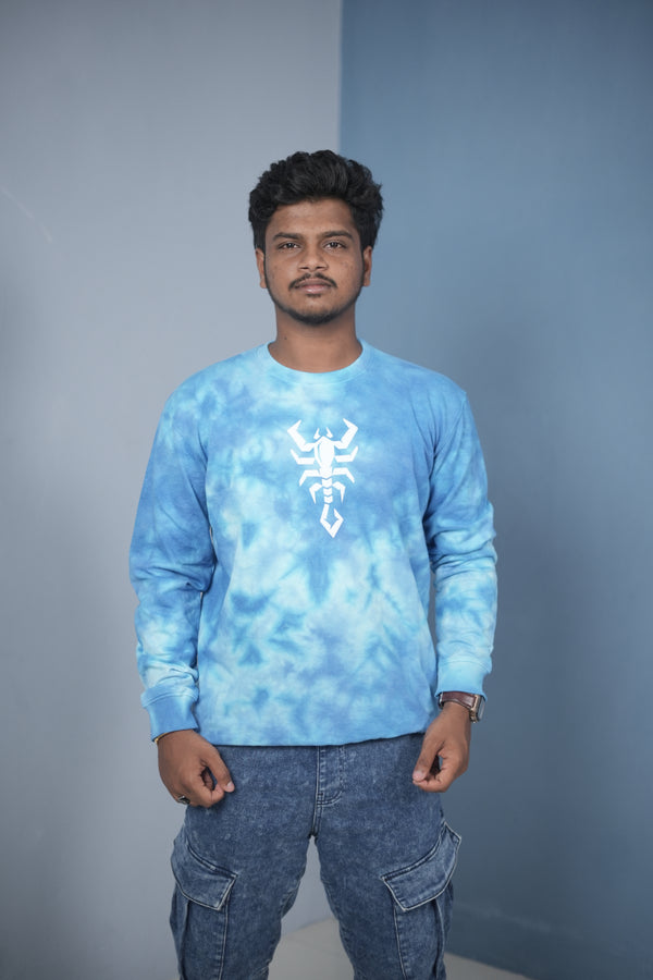 Men’s Full Sleeve Round Neck Tie-Die Scorpio Printed T-shirt - ice Blue