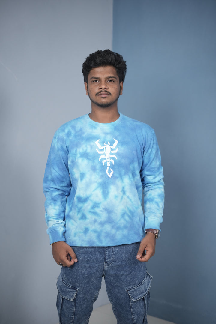 Men’s Full Sleeve Round Neck Tie-Die Scorpio Printed T-shirt - ice Blue