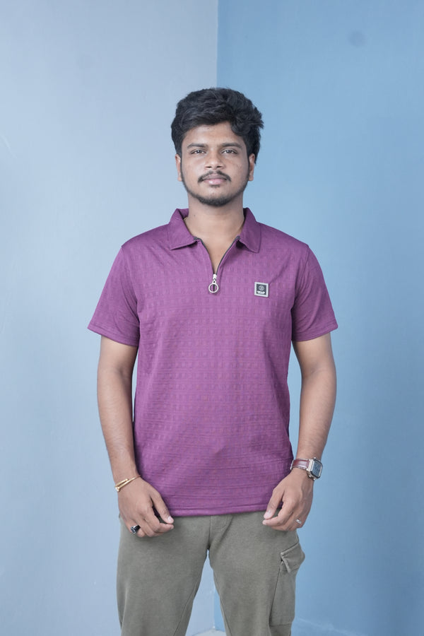 Men’s Textured Polo T-Shirt – Slim Fit Zip Neck Casual Wear - Purple